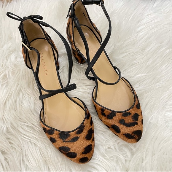 Talbots calf hair block heel heels 8 brown leather strap bow cheetah leopard - Picture 12 of 12